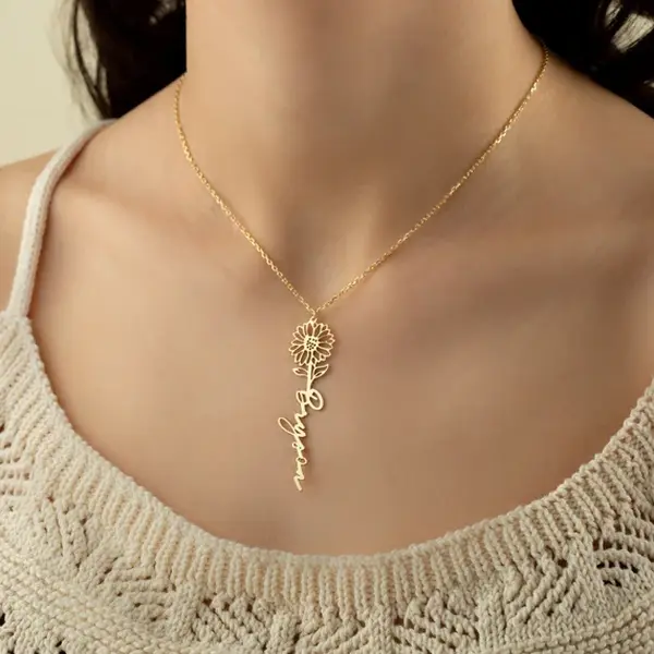 Personalized Necklace Name with Flower - Color Gold Custom Name Necklace with Luxury Box - gold personalised necklace, personalised necklace with name, Birth Flower Necklace - Birth Month Flower Necklace - Flower Birth Necklace