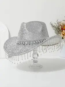 Western Cowboy Hat for Women, Shiny Glitter Wide Brim Party Hat, Rhinestone Fringe Pendant Decoration, Eye-Catching Night Out Hat
