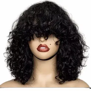 Women's 12-in Luxury Curly Virgin Human Hair Bob Wig with Bang, Natural Ombre Machine-Made SDD Wig