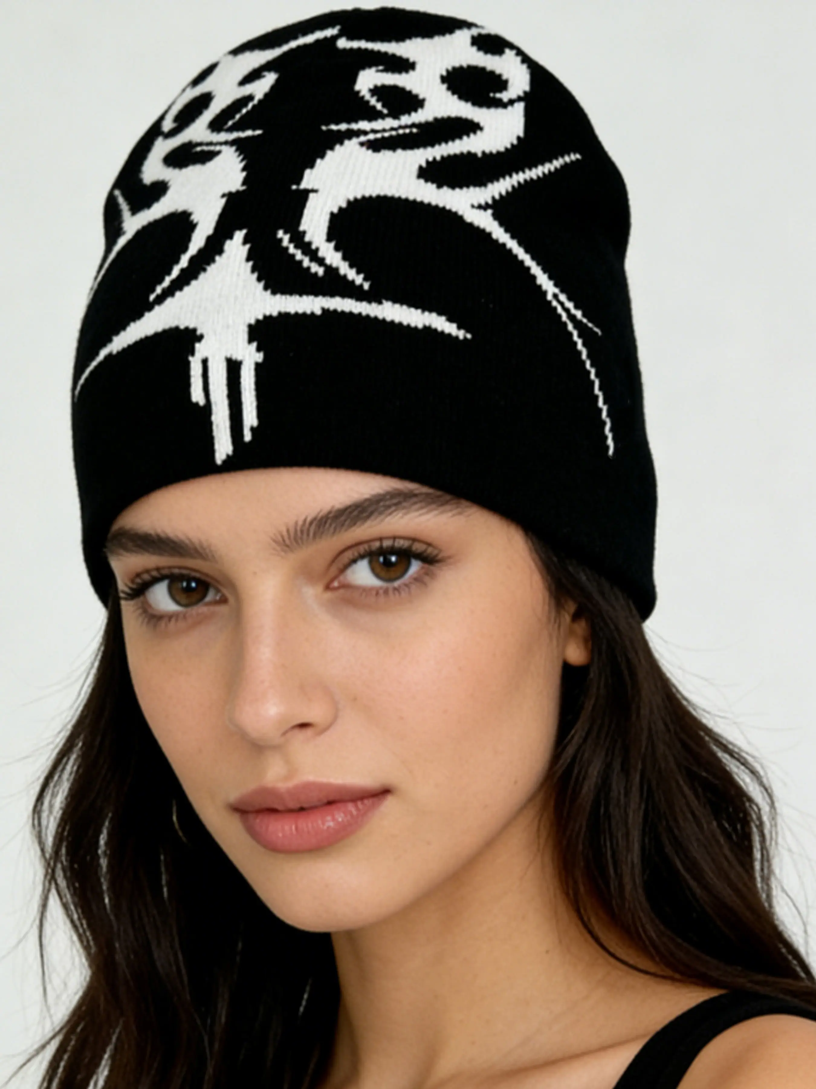 Y2K Cyber Skull Totem Knit Beanie, Vintage Gothic Streetwear Hat, Fall & Winter Warm Fashion Essential, Casual Loose-Fitting All over Print