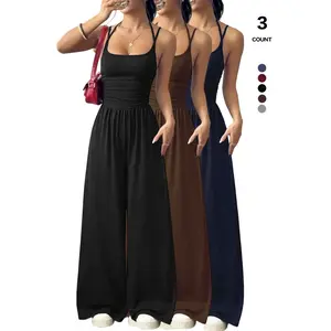 Women’s Casual Jumpsuit, Sleeveless Spaghetti Strap Square Neck High-Waisted Wide-Leg Palazzo Pants, Loose Lounge Romper GARMENTARY