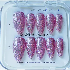Vosplends Y2K Handmade Acrylic Press-On Nails 10pcs Subtle Pink Shimmer  Almond Nails # PartyNailVibes # Y2KFineGlitterNails # 10pcsAcrylicSet #  Handmade False Nails # ValentineNails