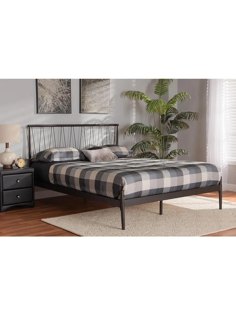 212 MAIN Samir Modern Industrial Black Accents Full Sized All-Metal Platform Bed - Geometric Back, Low Profile, Openwork Headboard, Wood Slats, Metal Frame, Full Sized Beds, All-Metal Beds