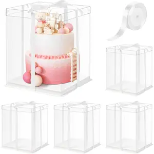 10 x 10 x 12 Inch Clear Tall Cake Boxes, 5 Pack Cake Transport Boxes with Ribbon, Ideal for Wedding Birthday Party Celebration