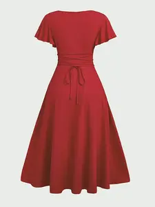 Summer Elegant Chic Solid Color Casual Knit Fabric Belted Midi Dress, Slim Fit Office French Style Lady Dress, Women's Fashion Clothing, Womenswear