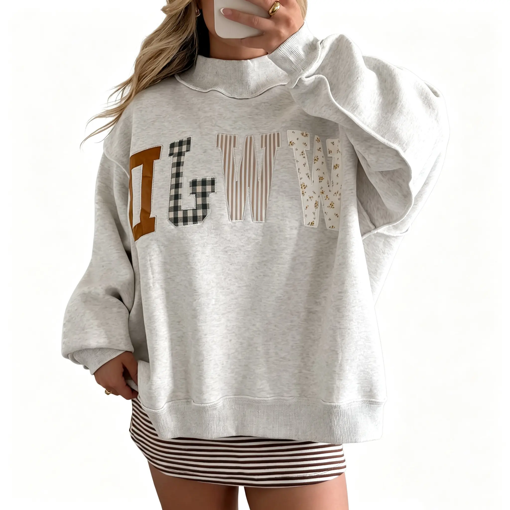 Asvivid Women's Embroidered Mock Neck Sweatshirt Patchwork Letter Graphic Oversized Long Sleeve Pullover Casual Loose Fall Winter Tops Womenswear sohochic
