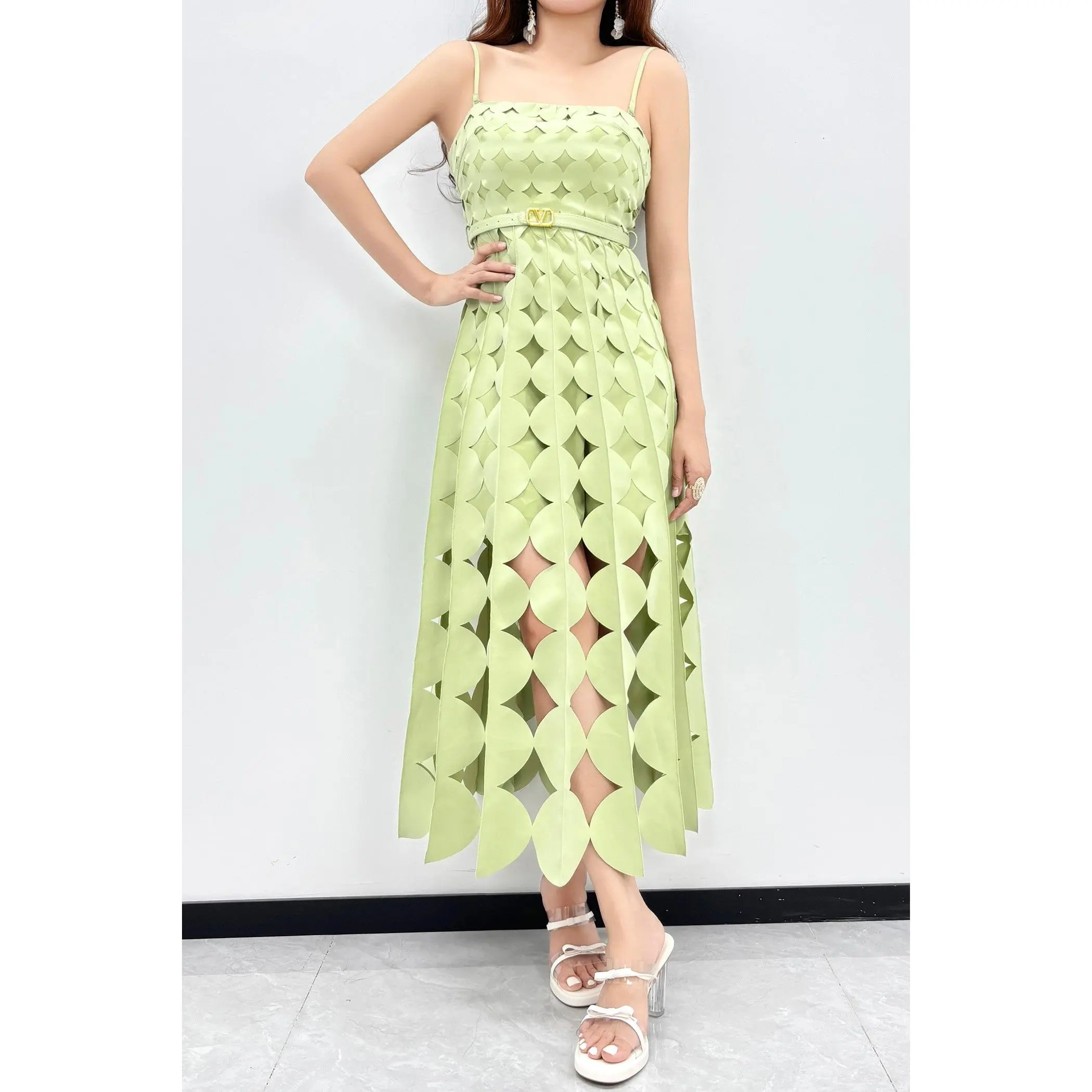 Circle Cutouts Dress in Avocado Green