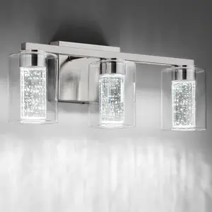 3-Light Brushed Nickel Vanity Light with 3 Color Modes (3000K/4000K/6000K), Eye Protection LED Bathroom Light Fixture, Dimmable Modern Wall Light Over Mirror with Clear Glass Shade