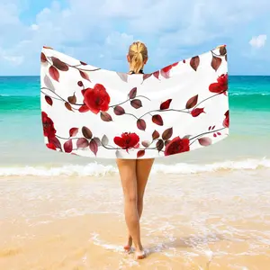 Beach Towel 31"x71" Red Rose Flowers Leaves Camping Towels Microfiber Beach Towels Sand Free Quick Dry Lightweight Travel Towels for Adults Women Men Girls