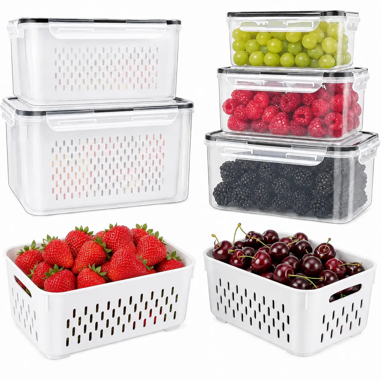 Clear Plastic Storage Containers with Ventilation Holes for Fruits and Vegetables - 3-Piece Set