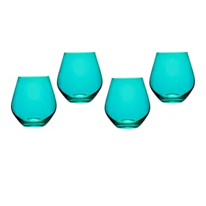 Meridian Handmade 18oz Unleaded Crystal Stemless Wine Glasses - Teal, Set of 4 (by Godinger) | Stylish Drinking Glassware, Stylish Drinkware