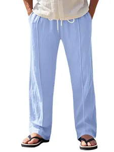 Men's Solid Color Linen Pants, Loose Casual Comfy Wide-Leg Trousers for Summer, Men's Bottoms for Daily Wear, Loose Fitting Trousers