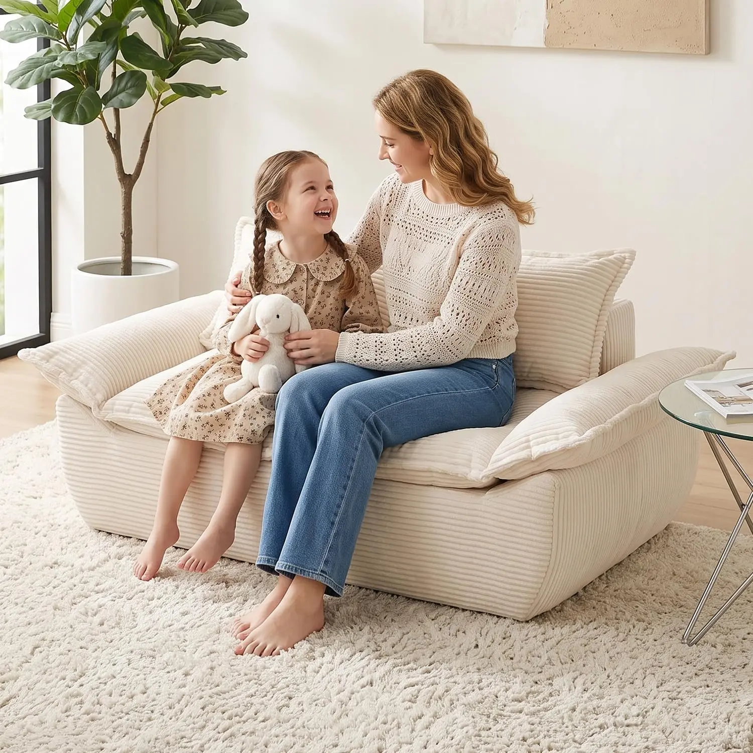 Boneless Loveseat 56", 2-Seater Beige Boneless Sofa with Removable Cushions & 2 Pillows, Small Boneless Couch Compress Foam Sofa for Living Room, Apartments, & Office