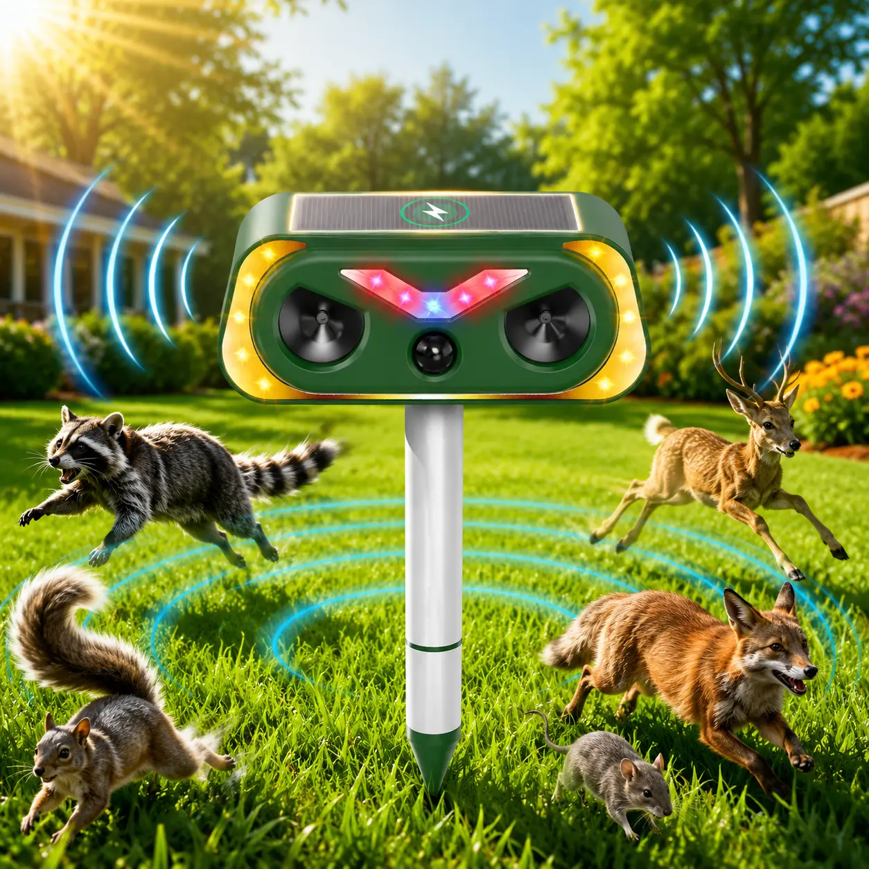 Solar Ultrasonic Electronic Deer Repellent Devices - Outdoor Waterproof Motion Sensor Deterrent - Electronic Pest Control for Skunks, Rabbits, Raccoons, Cats, Squirrels - Garden Insect Pest Control