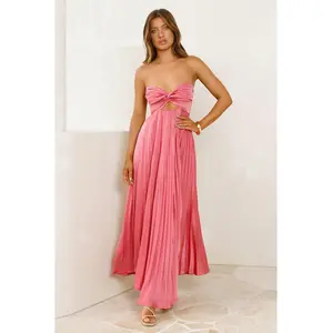 Vibes Are Priceless Strapless Satin Pleated Maxi Dress Rose
