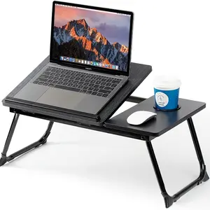 Multifunctional Bedside Laptop Desk with Cup Holder - Foldable Leg Desk Suitable for Bedtime Movies, Breakfast Tray, and Home Office Use - Stainless Steel/Wood Structure, Multifunctional Design (White/Black)