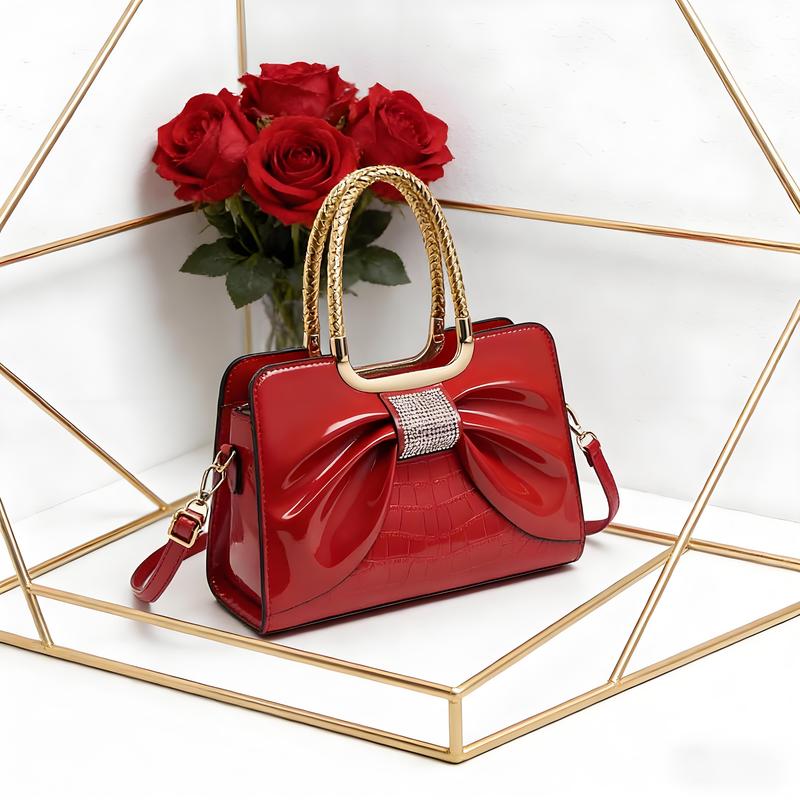 Elegant Temperament Women's Leather Bag-Crocodile Pattern & Bow Detail,3-In-1 Style (Shoulder + Simple Handbag + Classic Crossbody)