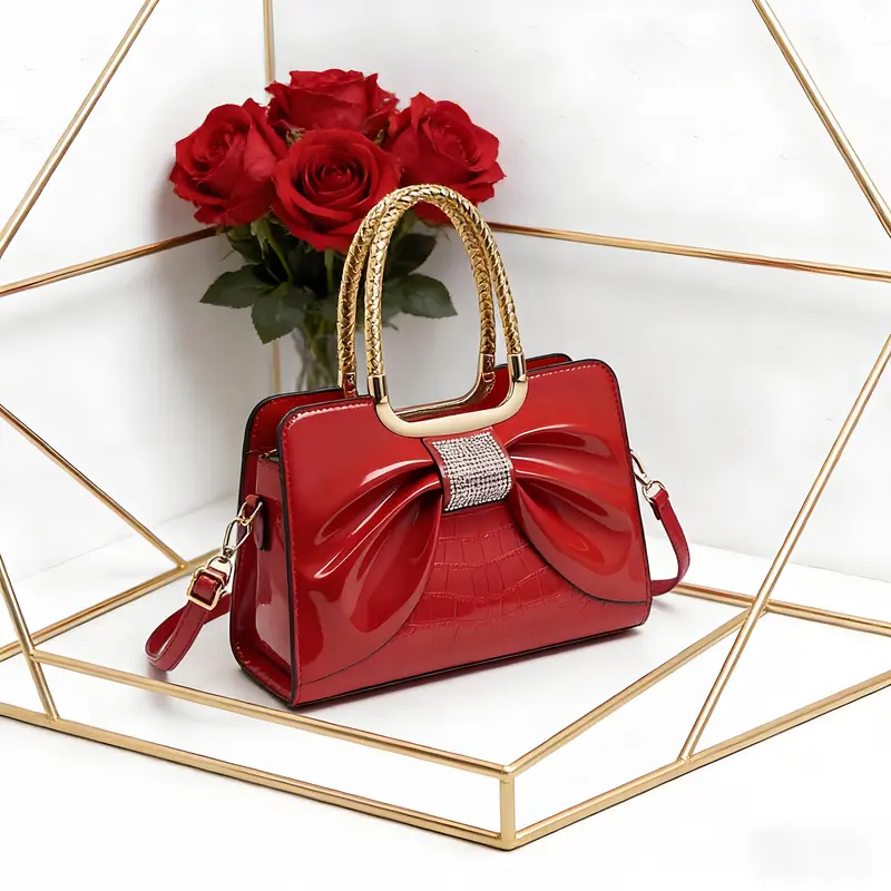 Elegant Temperament Women's Leather Bag-Crocodile Pattern & Bow Detail,3-In-1 Style (Shoulder + Simple Handbag + Classic Crossbody)