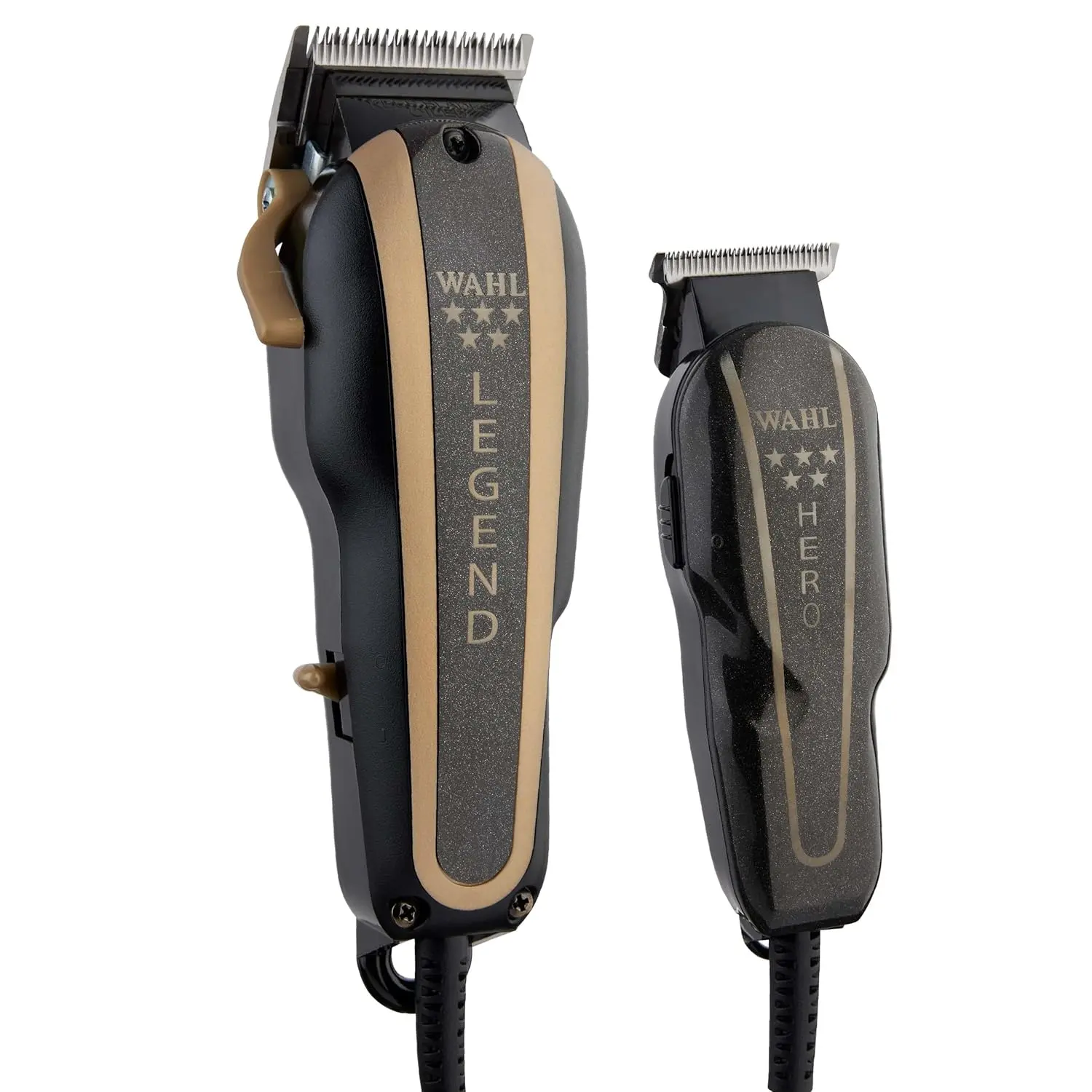 Professional 5-Star Durable Barber Combo Set - Corded Legend Clipper, Hero T-Blade Steel Blade Trimmer, Black/Gold Finish for Facial Grooming & Precision Cut