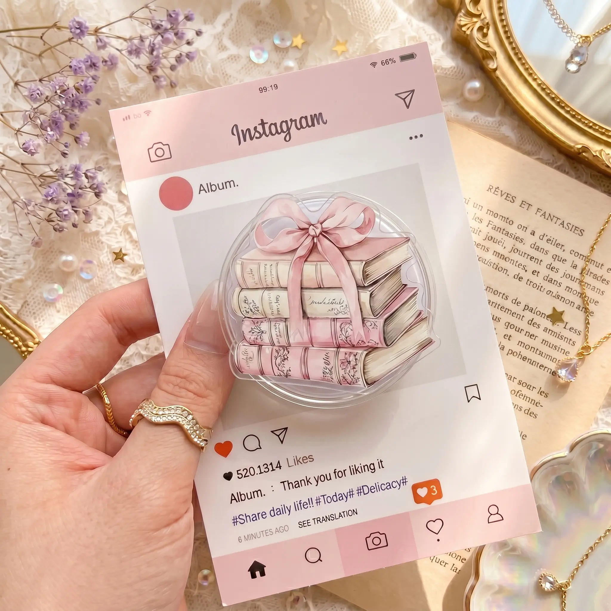 Coquette Pink Bow Magnetic Phone Grip Stand, Cute Book Stack Acrylic Phone Holder, Kawaii Expandable Grip for iPhone & Android