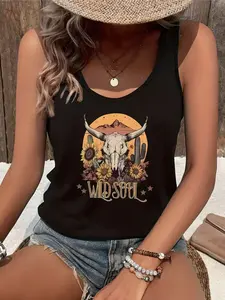 Plus Size - Women'S Plus Size Sleeveless Vest With WILD SOUL Text And Western Cow Skull Sunflower Print, Stretch Polyester Blend, Machine Washable Casual Summer Wear Tank Top