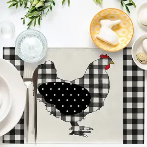 2-piece/4-piece 6-piece set, farm chicken and animal meal mat, black and white checkered cloth French countryside style chicken table mat, spring and summer countryside style kitchen decoration home goods, size 12x18 inches
