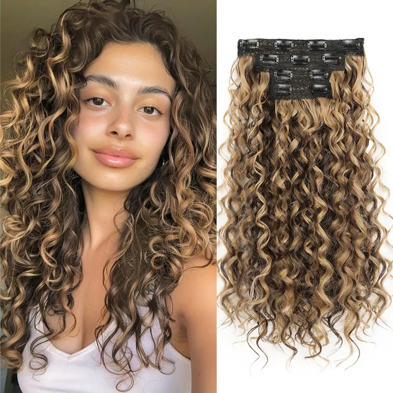 Women's 22in Clip-in Hair Extensions - 4PCS Hair Glueless Synthetic Lace Weft Pieces, Instant Weave Curls Deep Curly Hairpiece, Tangle-Free Curls, Secure Clip Hold, Invisible Natural Fit for Graduation, Chocolate Brown,sohochic