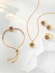 Spinning Purple Four-Leaf Clover Rhinestone Jewelry Set (4PCS Earrings, Necklace, Bracelet, Ring | Lucky Gift Set for Women)