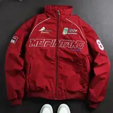 Men's Racing Style Bomber Jacket Graphic Print with Patch Details, Stand Collar Design, Fleece Fabric Offers Comfort and Warmth, Perfect for Casual Street Style, Everyday Wear, or This Season's Trendy Sporty Look Coats Long Sleeve,sohochic