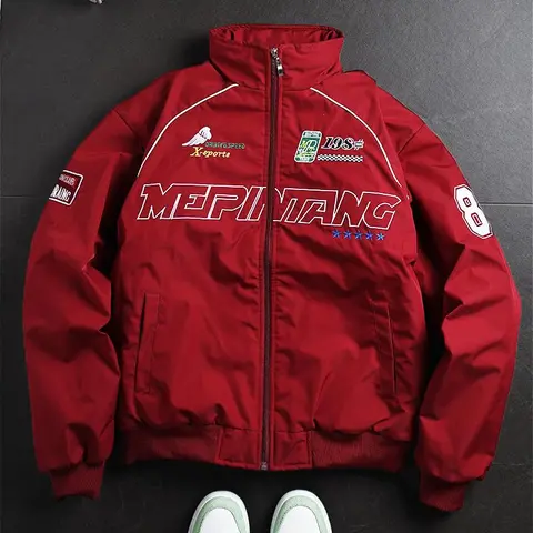 Men's Racing Style Bomber Jacket Graphic Print with Patch Details, Stand Collar Design, Fleece Fabric Offers Comfort and Warmth, Perfect for Casual Street Style, Everyday Wear, or This Season's Trendy Sporty Look Coats Long Sleeve,sohochic