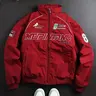 Men's Racing Style Bomber Jacket Graphic Print with Patch Details, Stand Collar Design, Fleece Fabric Offers Comfort and Warmth, Perfect for Casual Street Style, Everyday Wear, or This Season's Trendy Sporty Look Coats Long Sleeve,sohochic