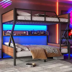 Full over Full Bunk Bed, Metal Bunk Bed with Storage Shelves and Lights, Space-saving & Noise-free Design, Black