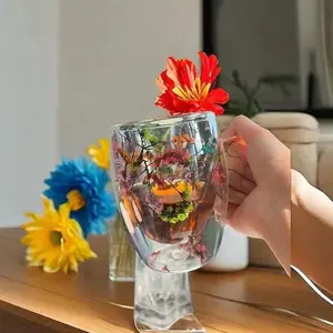 Aesthetic Dried Flower Double Wall Glass Cup with Handle –  Mug for Coffee, Tea & Milk, Unique Mother Day Gift for Mom & Women