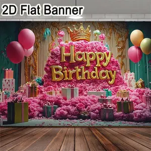 2D flat banner, 1pcPink Floral Happy Birthday Centerpiece with Golden Letters, Gift Boxes & Balloons for Festive Party Decor