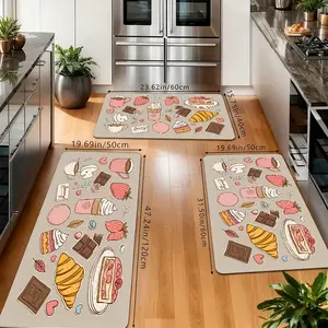 Cute Dessert & Coffee Kitchen Rugs Set, Non-Slip Washable Floor Mats, Cartoon Croissant & Cake Print Runner Carpets for Kitchen, Bakery & Cafe Decor