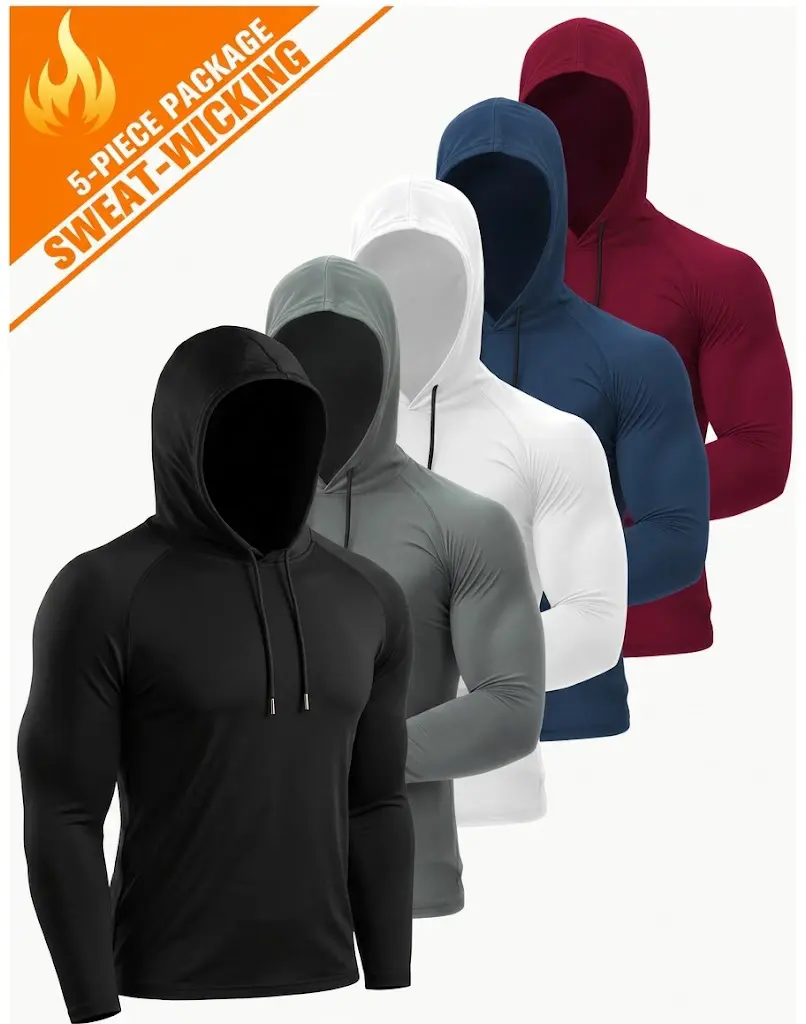 5 Pack Men's Athletic Long Sleeve Shirts with Hood Dry Fit Workout Gym Hoodies Stretch Muscle Fitted Running Tops Lightweight Activewear Bundle