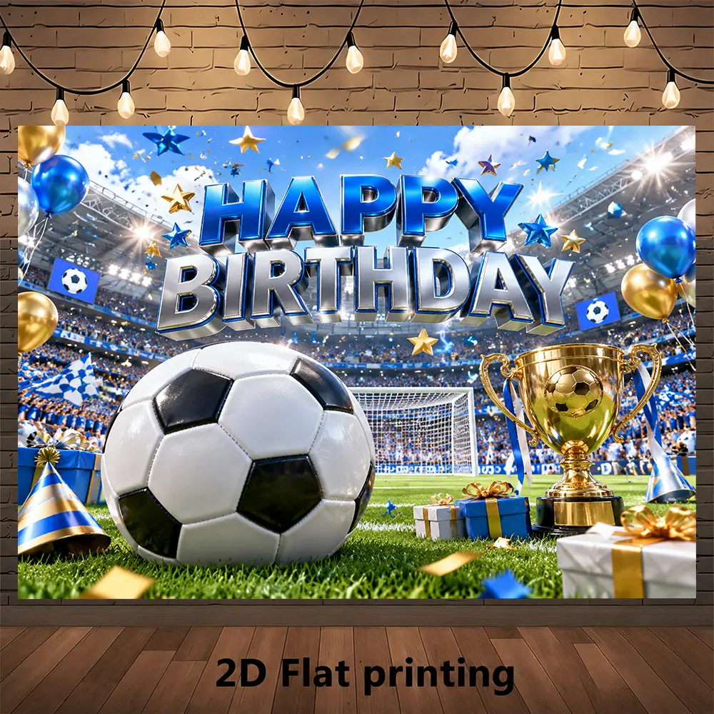Blue Gold Soccer Happy Birthday Backdrop - Playful Festive Backdrops & Banners, Stadium, Ball, Trophy, Confetti Sports Theme, Photo Booth Background, Event Wall Decoration