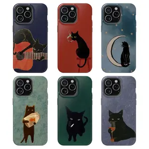 Vintage Black Cat Cellphone Case - Smoking Night Vibes Casing, Shockproof Durable Handheld Devices Accessories, Wireless-Friendly Shell, Compatible With iPhone 11-17 Pro Max Plus & Galaxy S22-S25 Ultra, Lover Gift Handle Smartphone