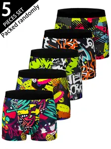 Men's Briefs Set, Trendy Graffiti Print Mixed Styles, Casual Fitted Underwear, All Seasons Wear, 5-Piece Pack
