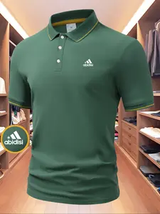 Men's Regular Fit Letter Print Contrast Trim Polo Shirt, Casual Short Sleeve Half Zip Top for Summer, Fashion Men's Clothes for Daily Wear, Tropical