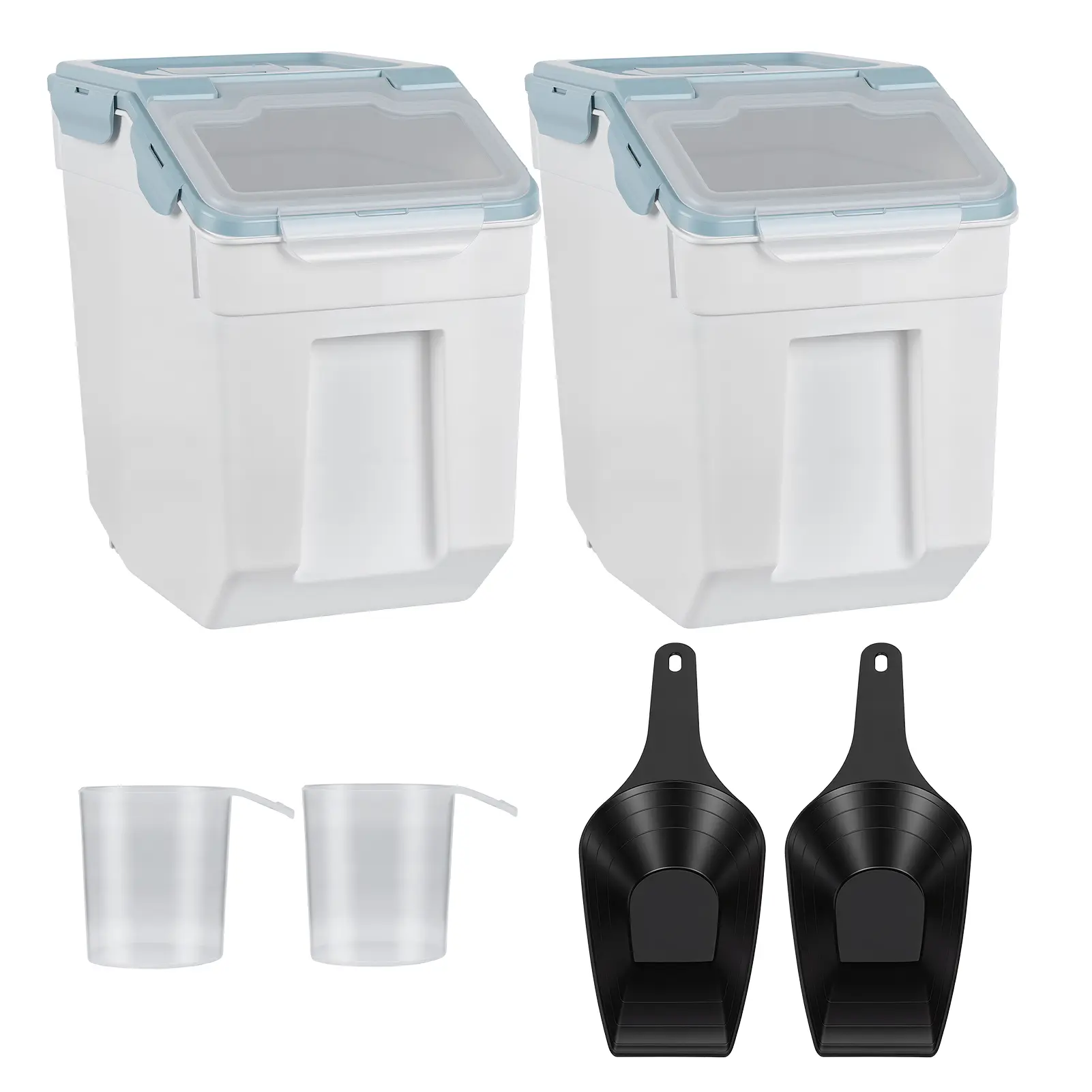 2-Pcs Airtight Bulk Bin Extended Capacity Food Storage Containers, Large Rice/Flour Bins with Seal-Locking Lids & Wheels, Dog Pet Food Container with Measuring Cup (55lbs Capacity), Bulk Bin Food Containers, Extended Capacity Food Containers