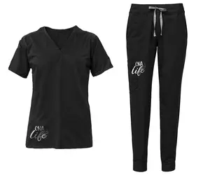 "CNALife" Jogger Scrub Set - Custom "CNA Life" Print, Modern Jogger Fit, Comfortable Stretch Fabric, Durable Easy-Care Material Uni-sex Womenswear Clothes Grey Matching