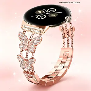 Shiny metal strap suitable for Google Pixel Watch 3 41mm/2/1 strap, Diamond Butterfly Aesthetic fashionable women's strap, can replace Pixel Watch 4 1mm/2/1 smart watch butterfly with diamond studded metal strap, Durable