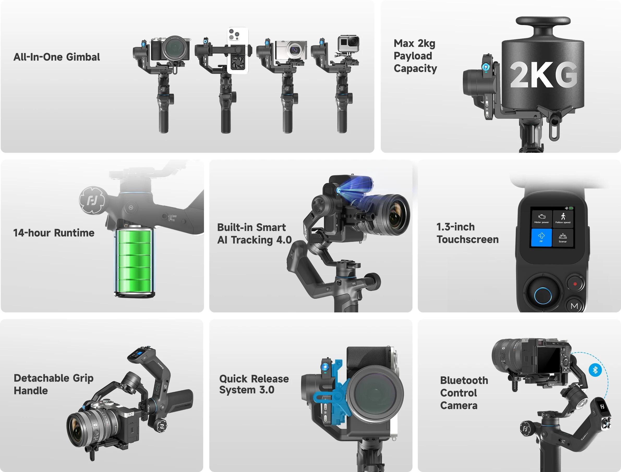 FeiyuTech SCORP Mini 3 Pro Combo | Full Accessory Kit – All-in-One 3-Axis Camera Gimbal, Built-in AI Tracking, Detachable Remote Handle, Vertical Shooting Compatible,for Mirrorless Camera, Action & Smartphone