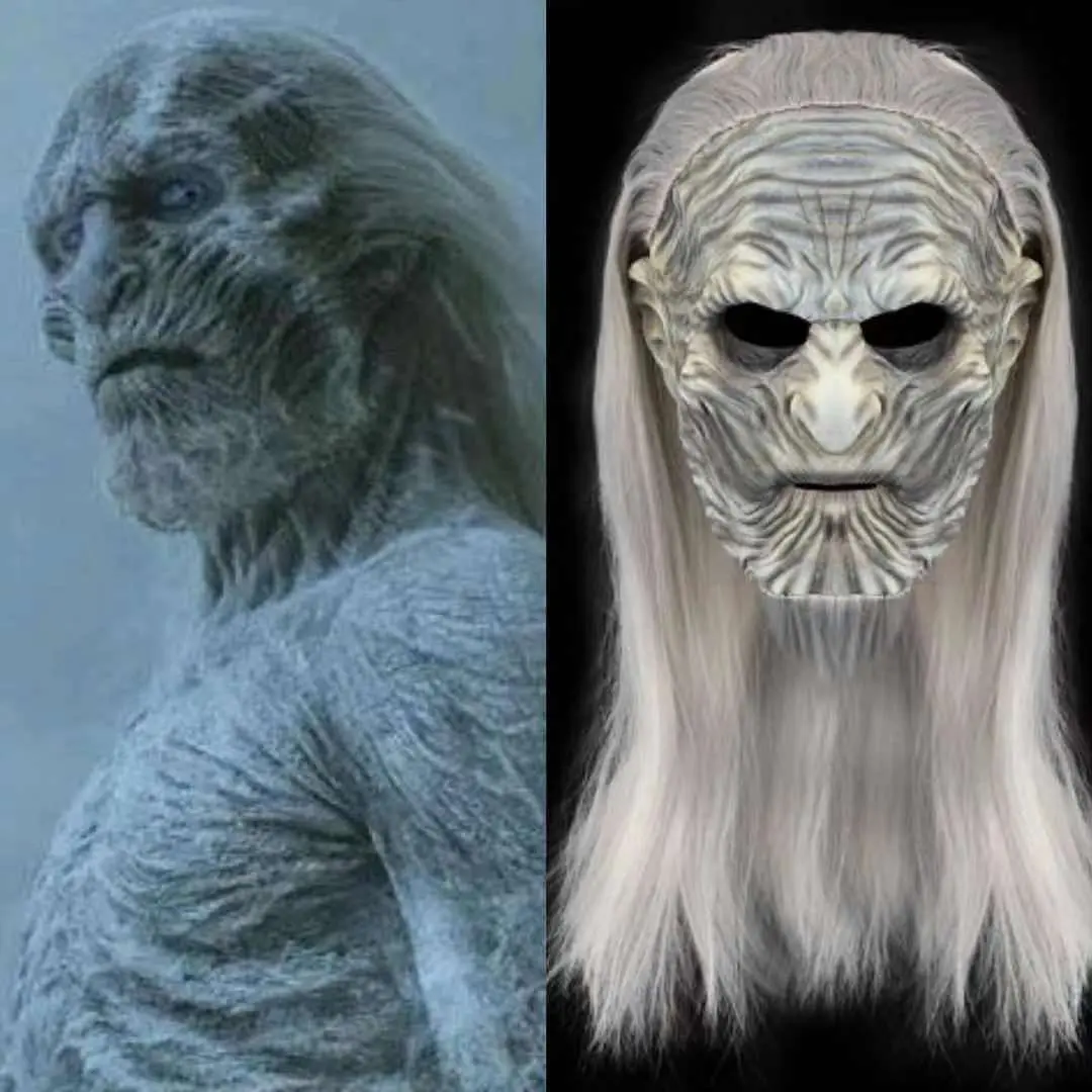 Halloween White Walker Mask for Adults, Creepy Ice Demon Zombie Latex Mask with White Long Hair, Scary Full Head Monster Cosplay Costume Headwear Accessories for Party Prop, Ghost Undead Wrinkle Latex Headpiece, One Size