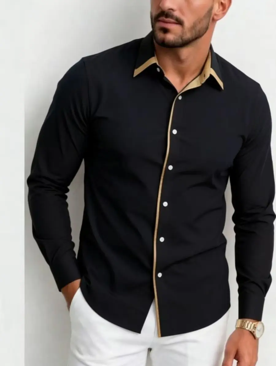 Men’s color-block long-sleeve shirt for casual wear, business, and commuting; designer shirt; fashionable shirt; business-casual shirt; spring; old money style Button Down Henley Beige