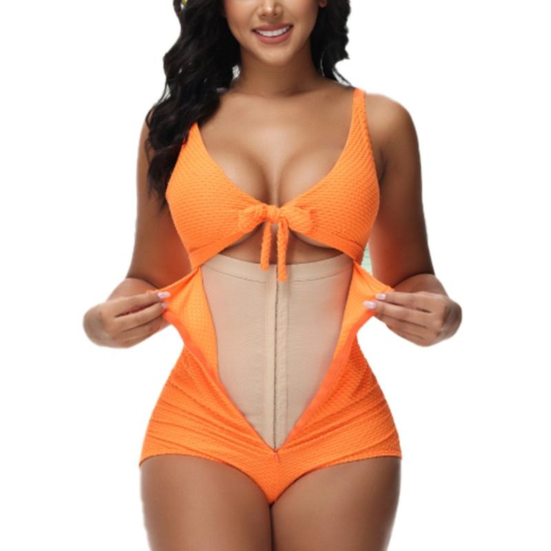 M MYODRESS Women Tummy Control Swimsuit Butt Lifting Bodysuit Sleeveless Swim Shapewear One Piece Slimming Bathing Suit  Tie Knot Front Push Up Swimwear