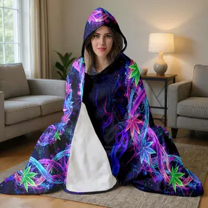 1pc Psychedelic Cannabis Leaf Digital Print Hooded Blanket, Oversized Wearable Poncho Cloak, Super Soft Flannel for Lounging, Gaming, Watching TV, Reading, Camping, Napping, Adults Men Women Gift, Flannel Throw Blanket