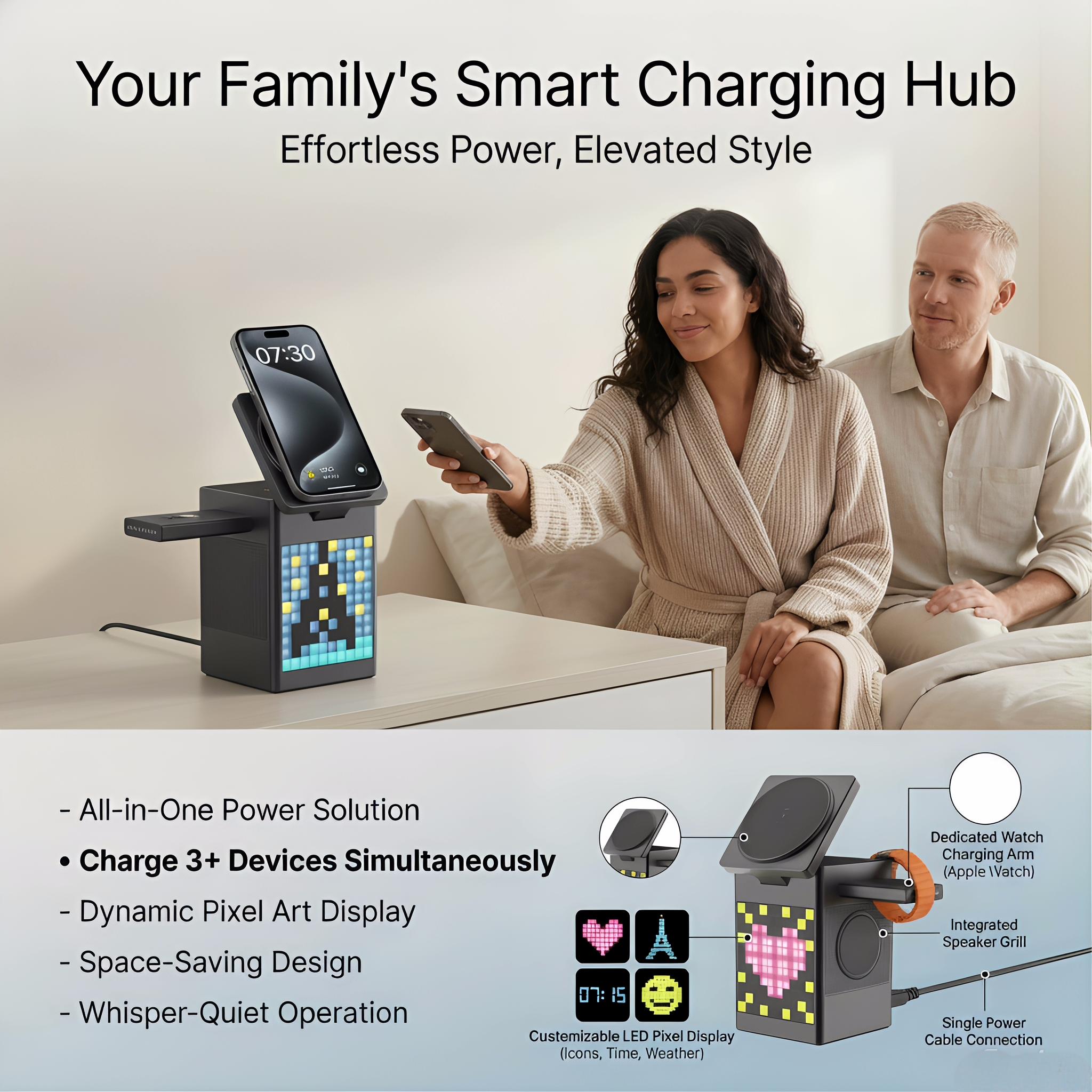 6-in-1 MagSafe-Compatible Magnetic Charger | with Clock & Pixel Display | Multi-Device Desktop Charging Station | Smart Travel Companion for March Madness, Spring Break, World Cup & Easter