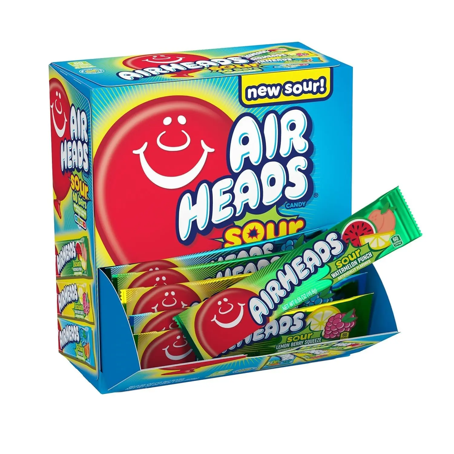 Airheads Sour Full-Size Candy Bars, Taffy Variety Pack, 60 Count Box | Individually Wrapped Bulk Candy, Three Assorted Flavors